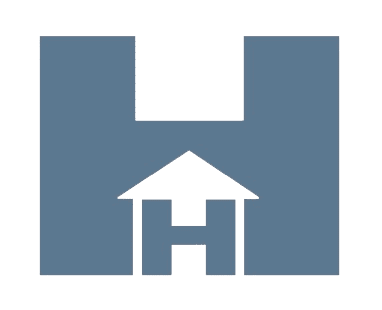 Blue building icon with a house-shaped cutout at the bottom center