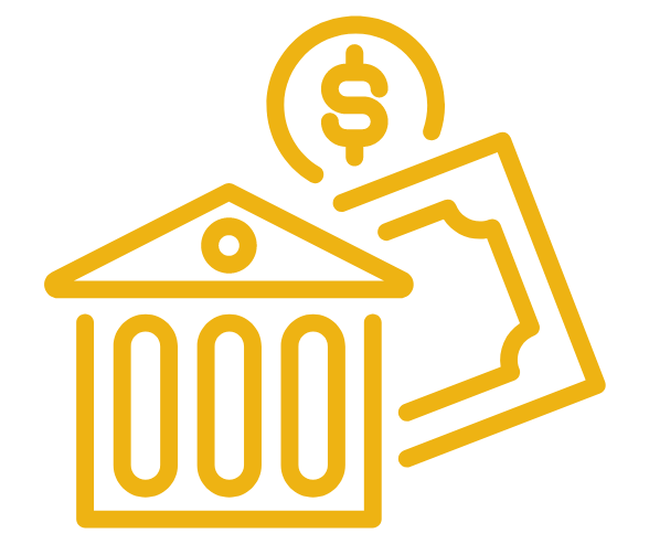 Yellow line icon of a bank building, dollar sign, and cash bill
