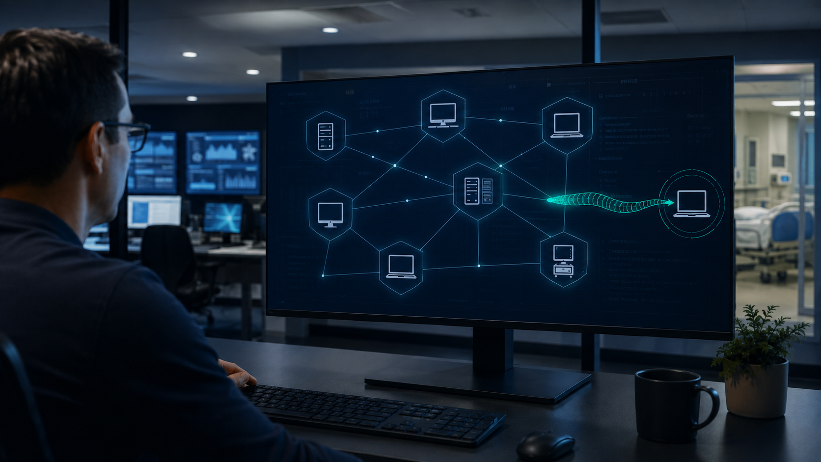 Healthcare IT administrator reviewing N-central cybersecurity alerts and managed endpoint activity o