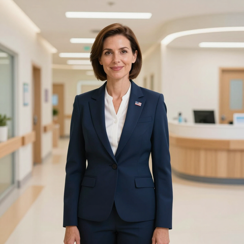 Veteran-owned business founder standing confidently in senior care facility hallway