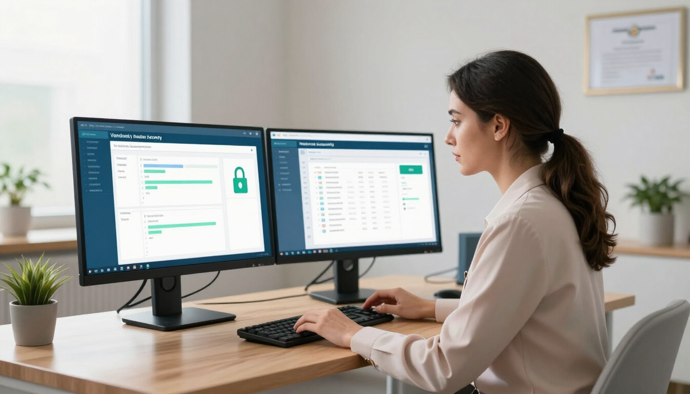 Healthcare administrator reviewing EHR vendor security and patient-data access on dual monitors