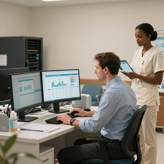 IT technician monitoring network dashboards at nurses station while care coordinator reviews patient tablet