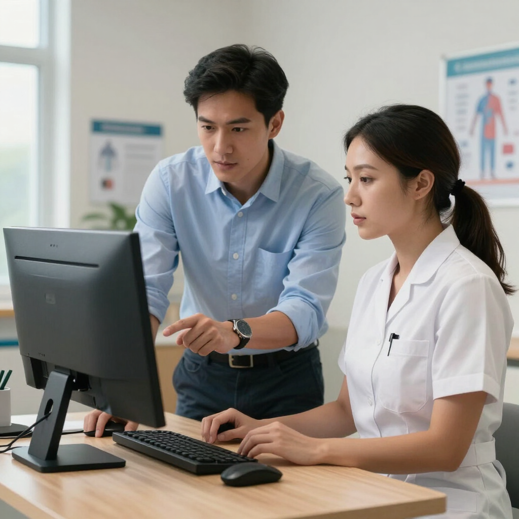 Two men looking at a computer screen in an office setting. One typing, the other looking on, both focused. IT support healthcare worker computer