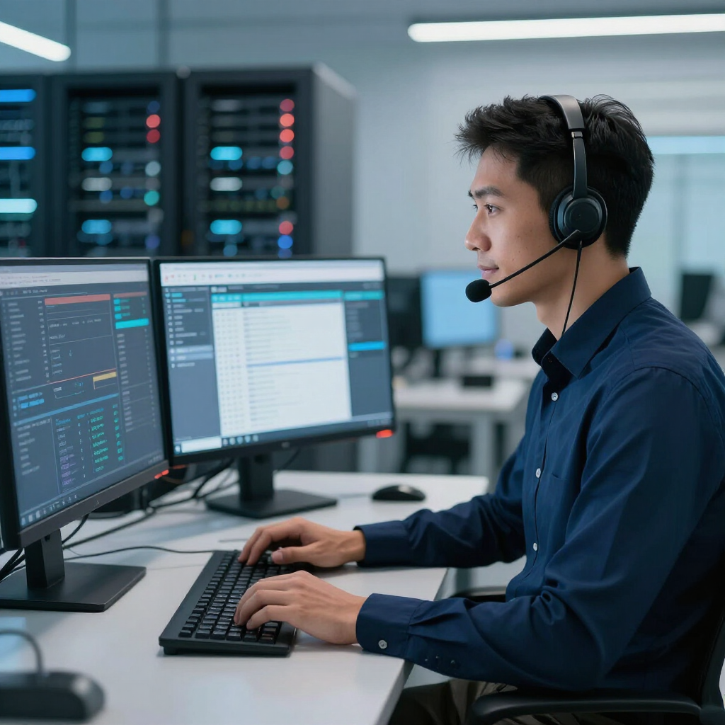 Vault Technologies help desk technician monitoring tickets and network dashboards for white-label MSP support