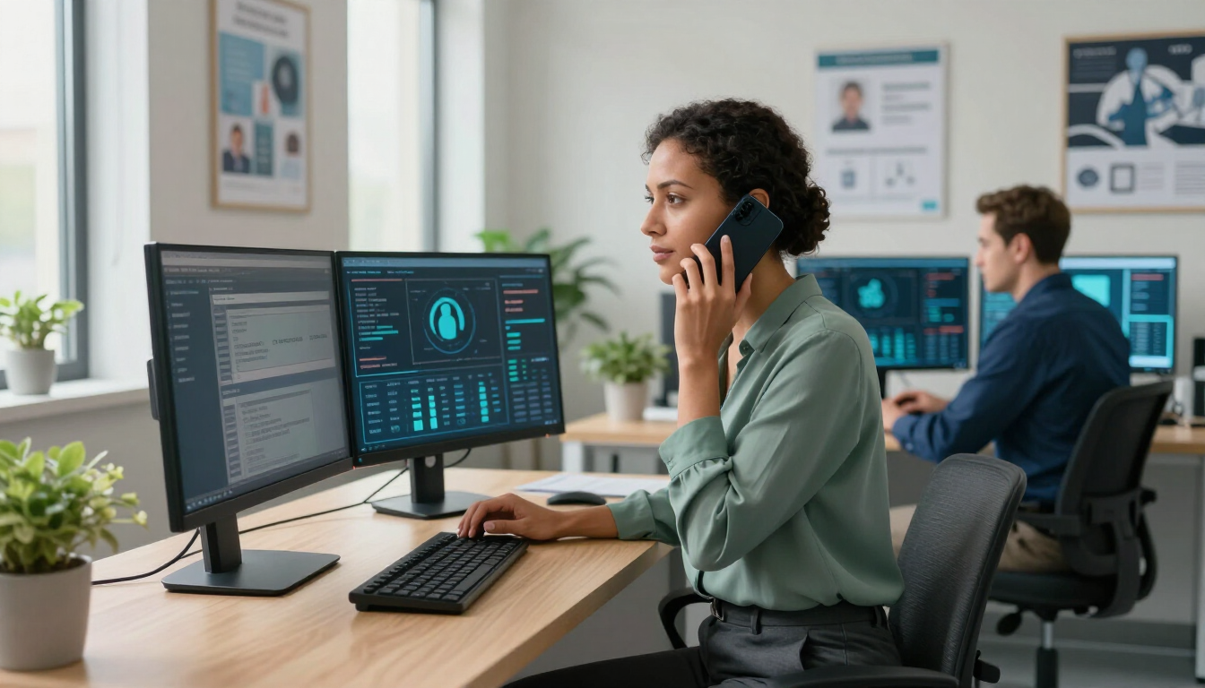 Healthcare employee verifies a suspicious IT support call while a security analyst monitors identity access activity.