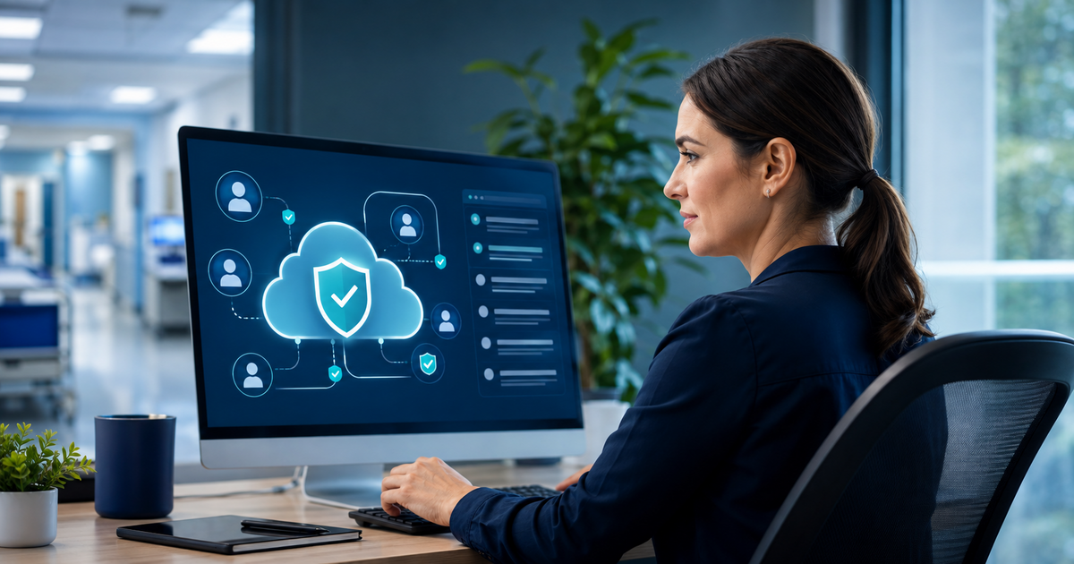 Healthcare administrator reviewing secure cloud access controls following Amgen’s reported patient P