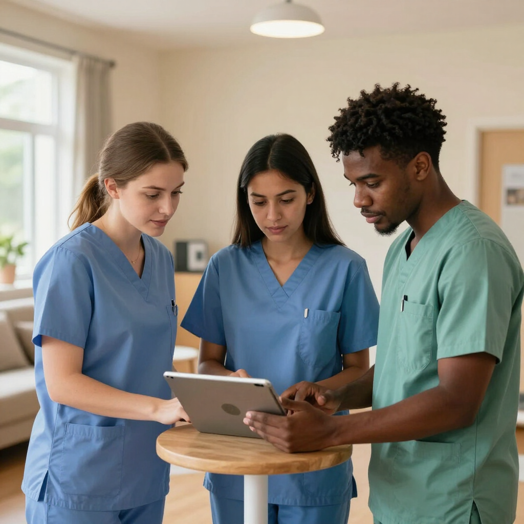 Three people in an office wearing headsets; one man leans over another's shoulder, pointing at a computer screen. assisted living staff tablet technology
