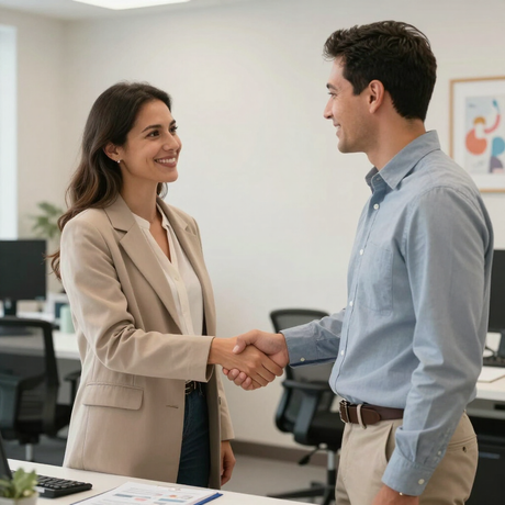 Care facility administrator and Vault Technologies IT technician shaking hands in assisted living office