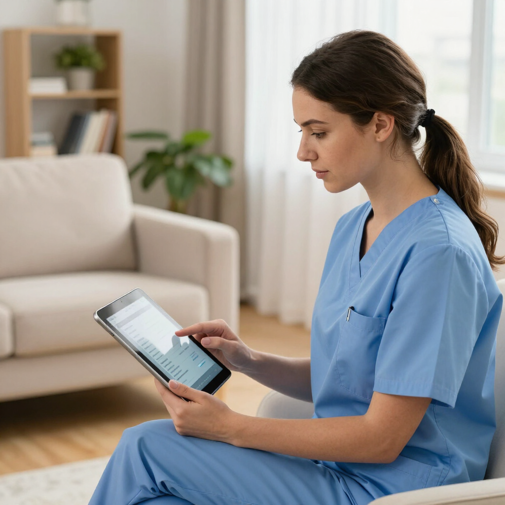 Woman with headset smiles while working at a desk in a bright office. home health aide tablet mobile device