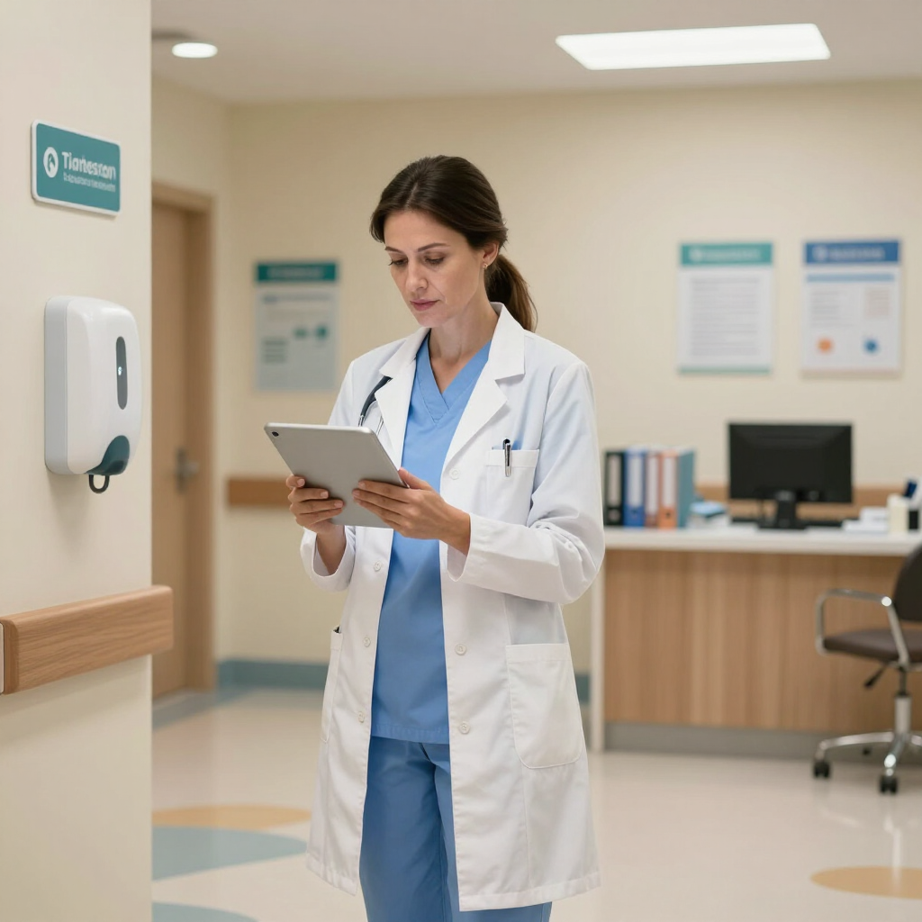 Woman with headset monitors data on a tablet in a server room. nurse coordinator tablet nurses station
