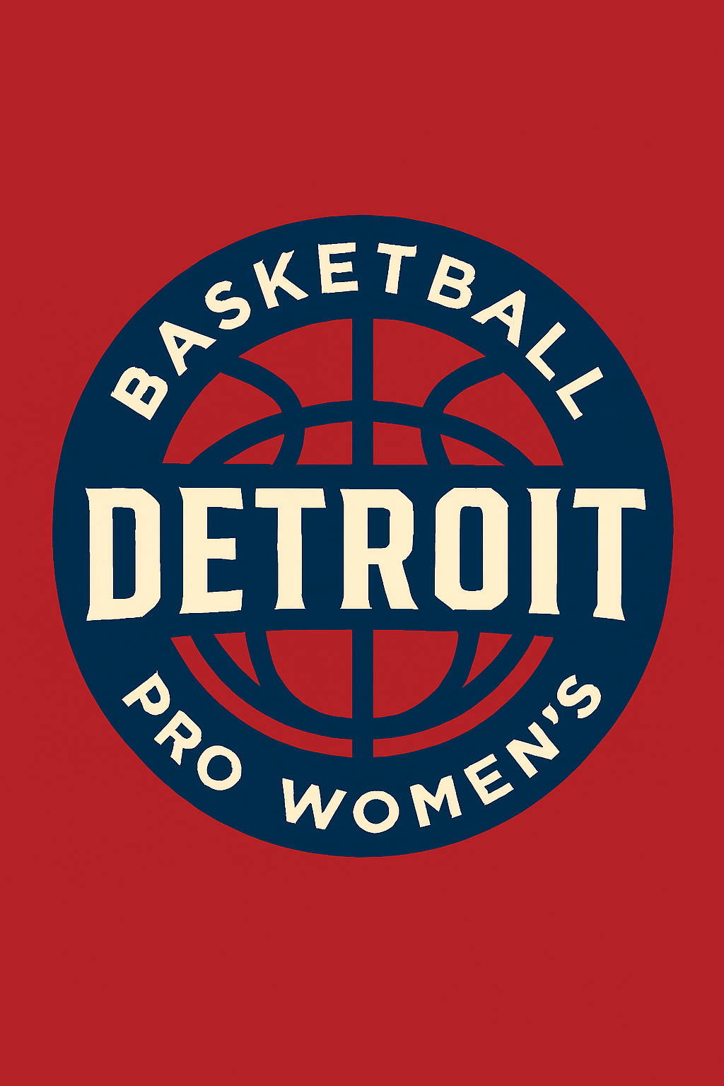 Logo for Detroit Women's Pro Basketball: navy text on red background; a basketball and words