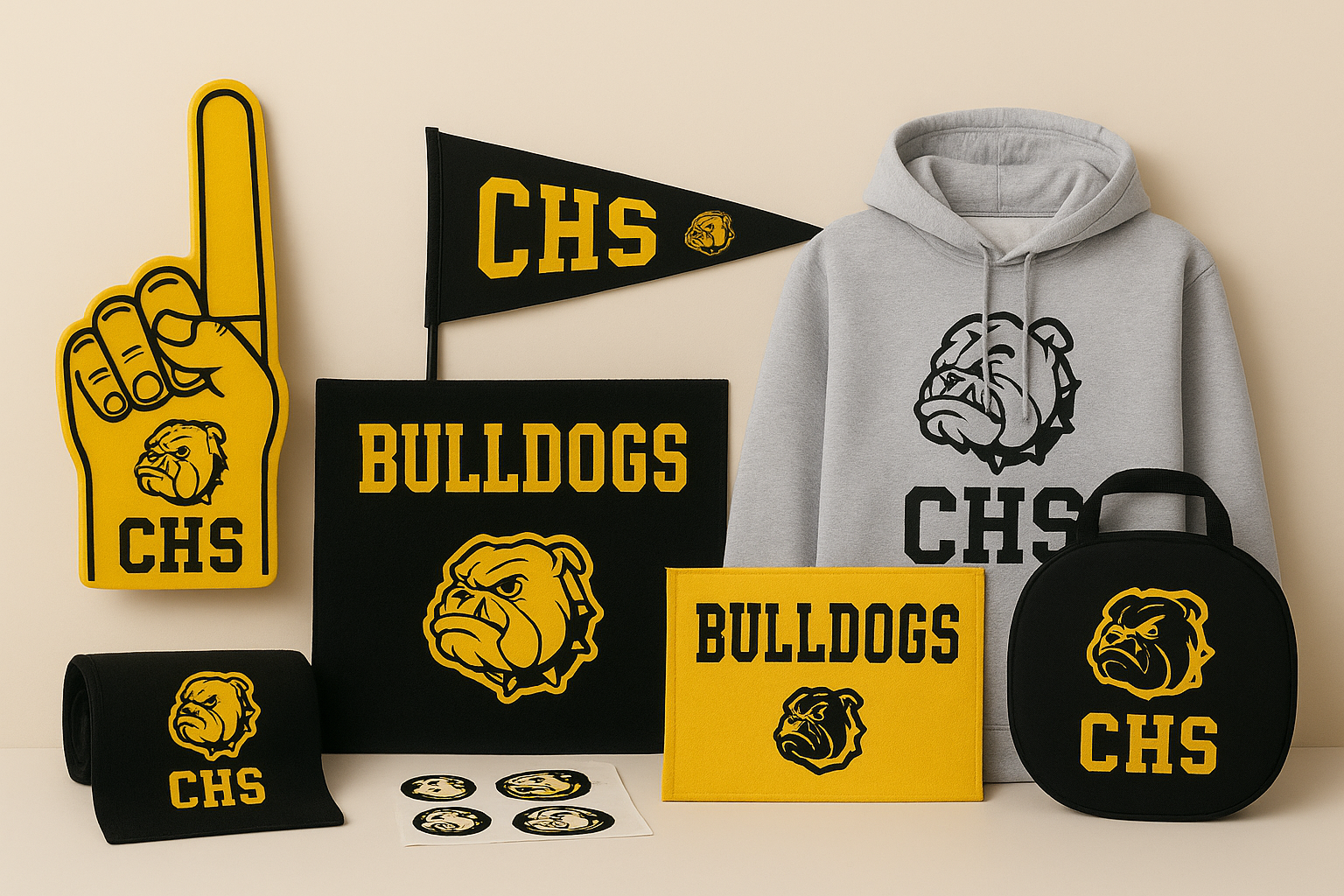 Various school spirit items: foam finger, pennant, hoodie, bag, and signs, all with black and yellow