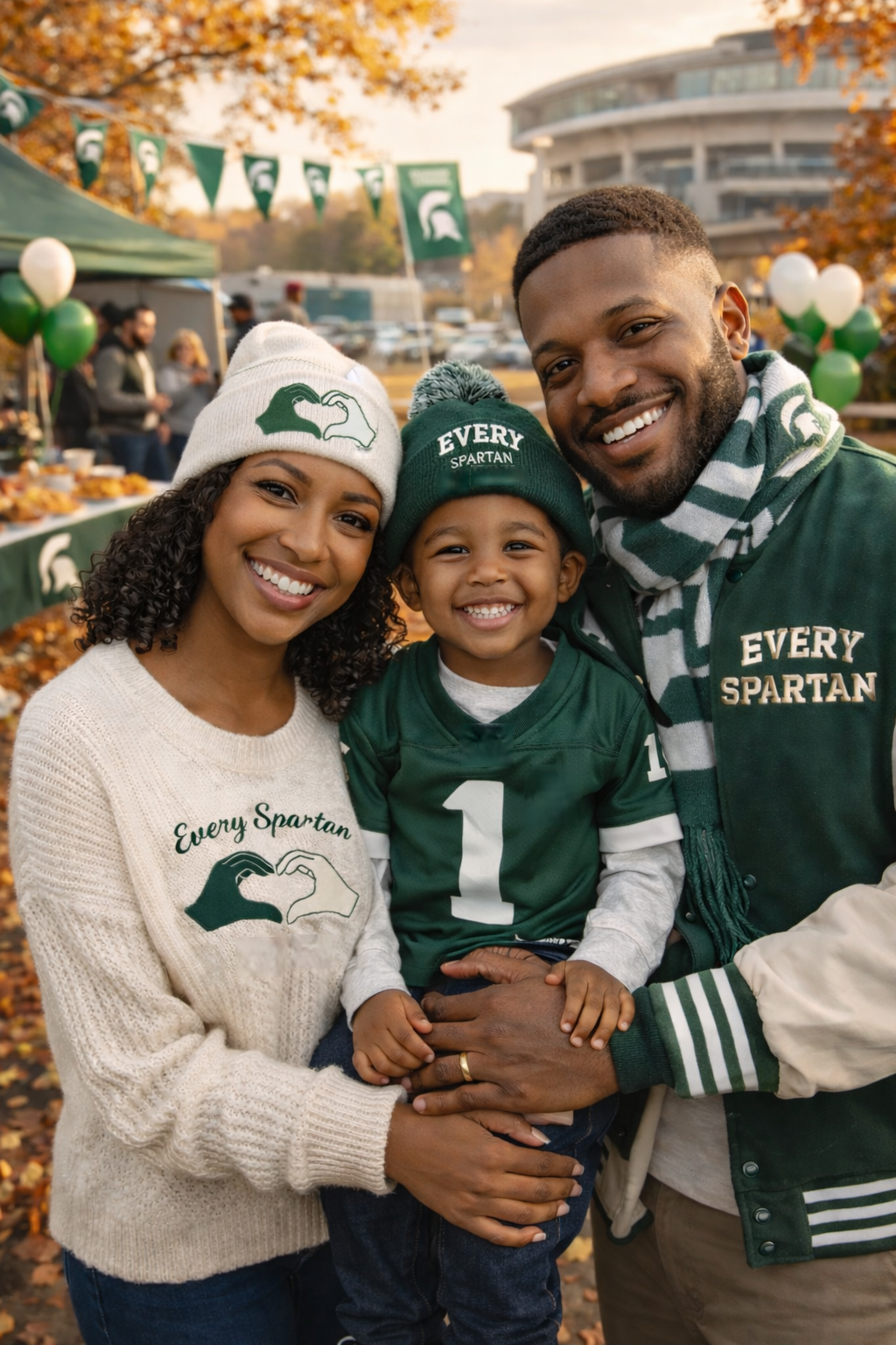 Family wearing Spartan gear smiles at a game day tailgate.