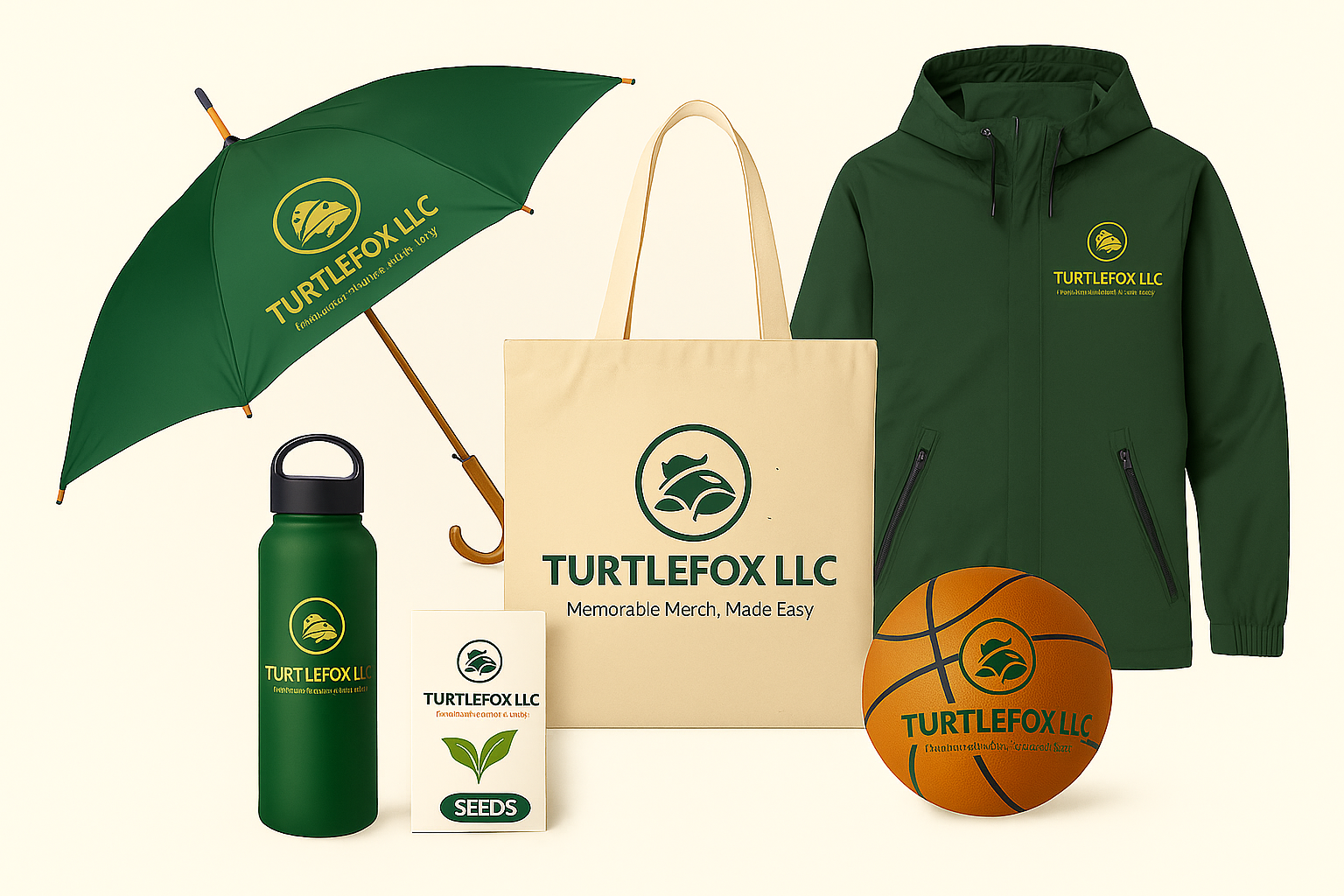 Merchandise set featuring TurtleFox LLC logo in green and gold: umbrella, jacket, water bottle, tote bag, basketball, & a box