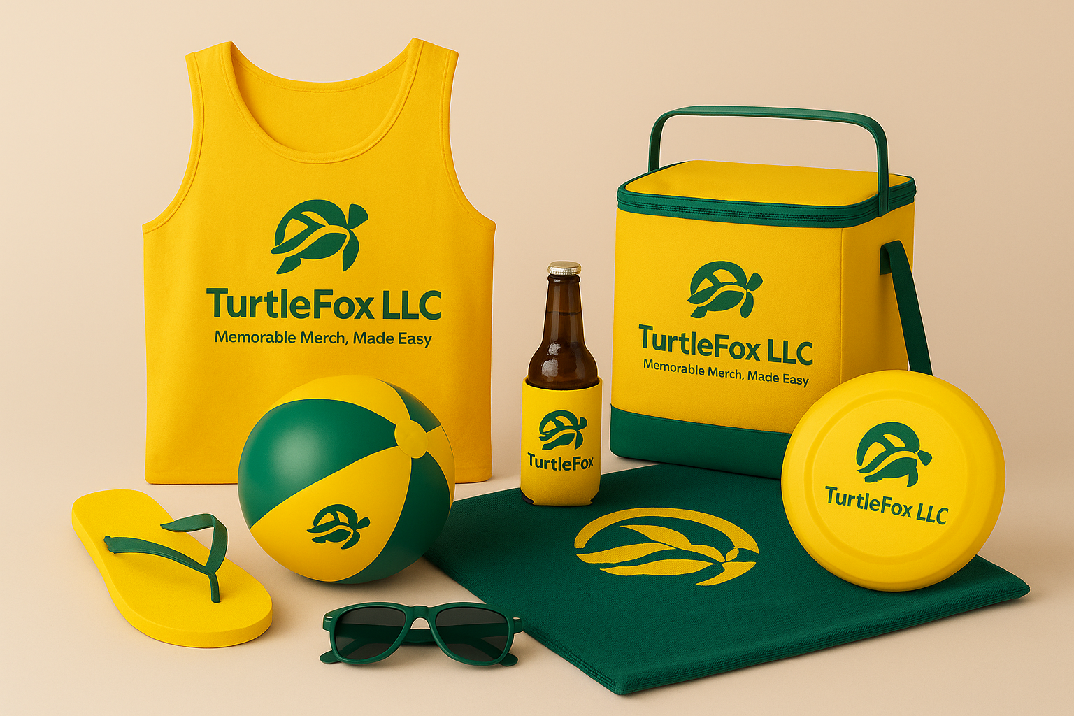 Yellow tank top, sunglasses, tote bag, beach ball, cooler, and flip-flops, all with
