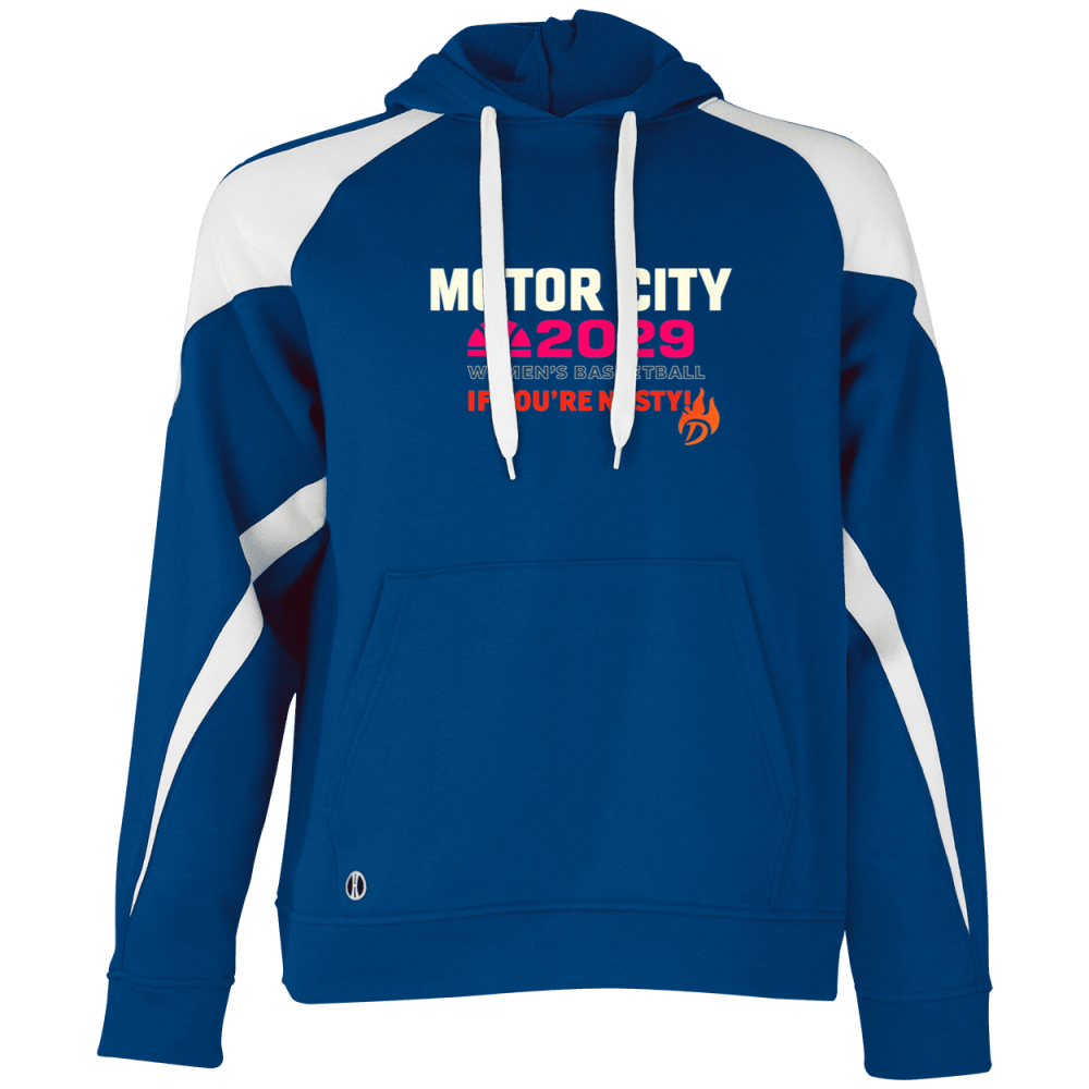 Blue hoodie with white accents,