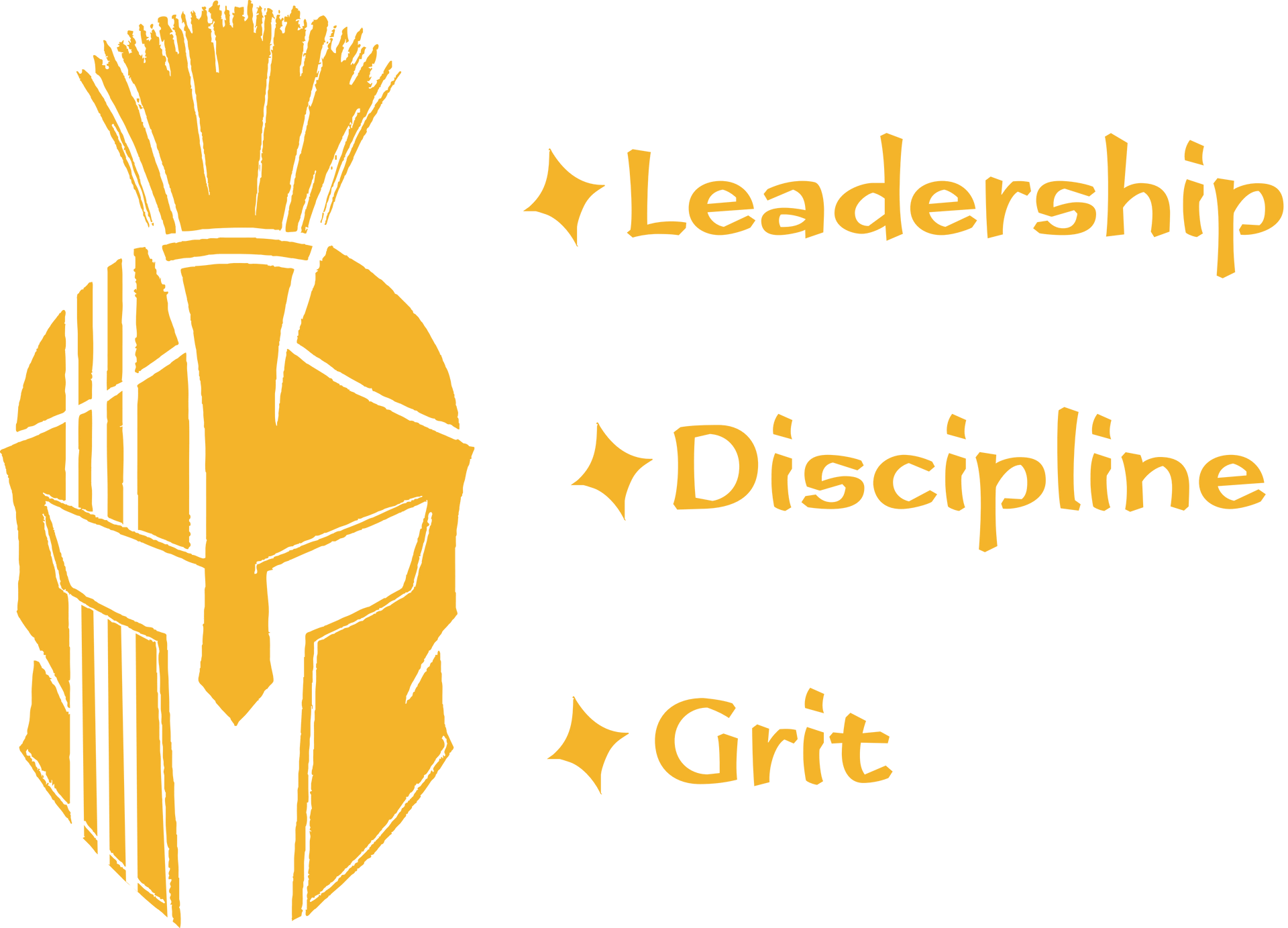 Gold Spartan helmet with spear and words: Leadership, Discipline, Grit