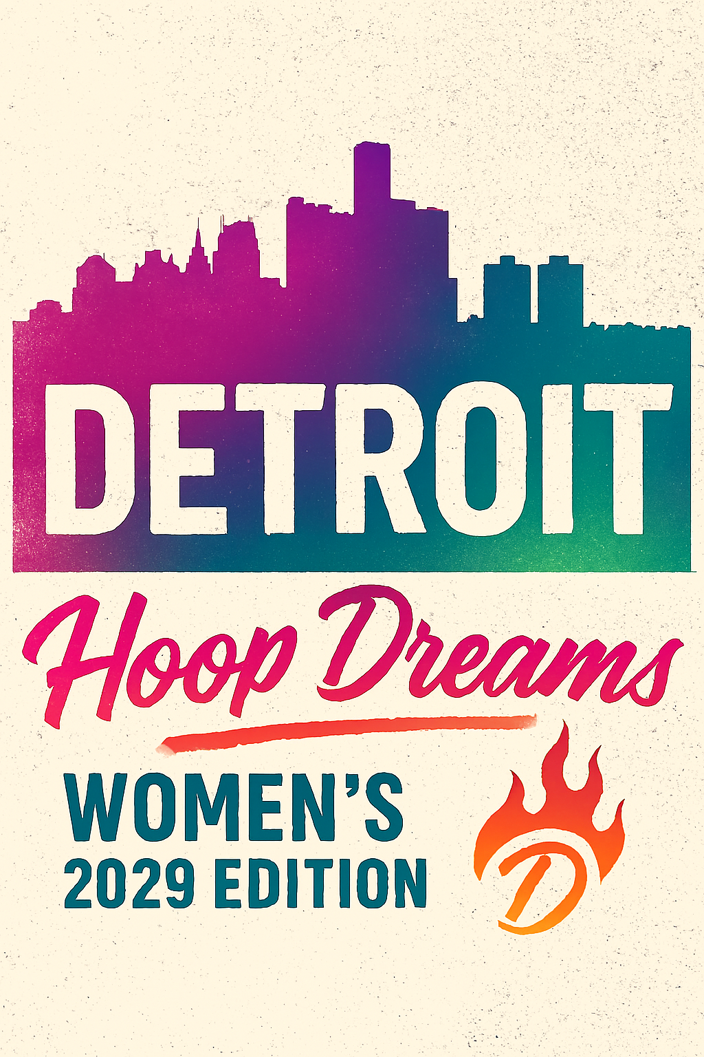 Detroit Hoop Dreams Women's 2029 edition logo. Purple/green skyline over text. Flaming