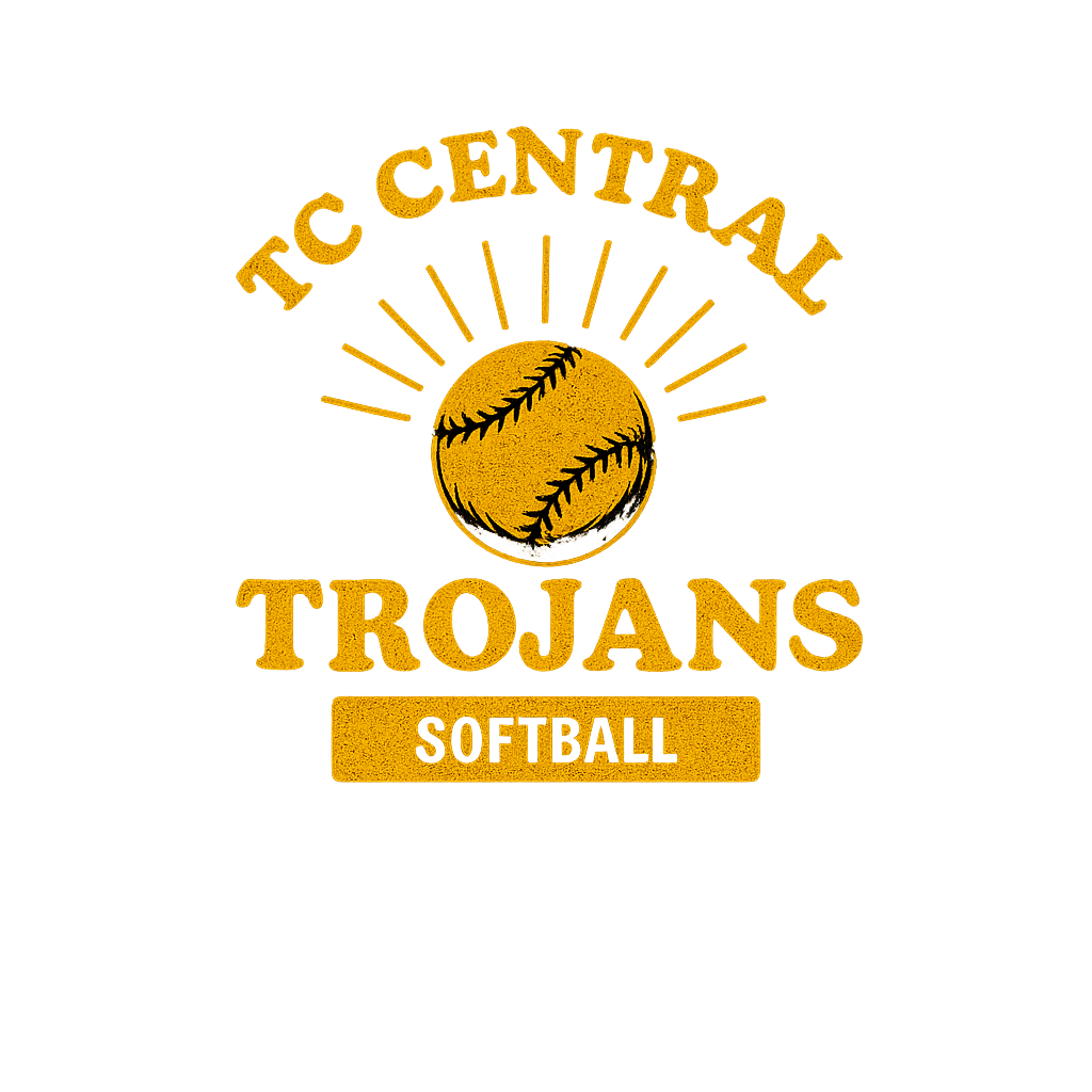 TC Central Trojans softball logo with gold softball and rays on white background