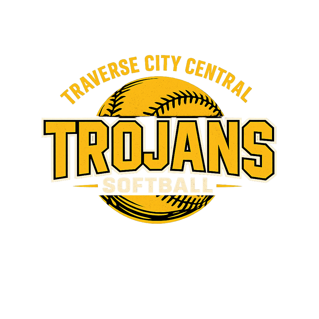 Traverse City Central Trojans softball logo in gold and black with a softball graphic