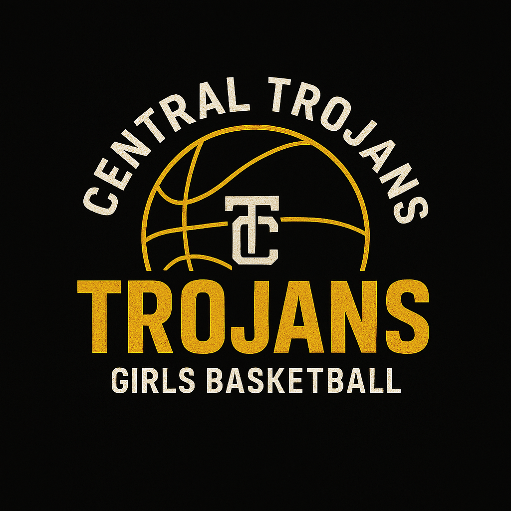 Central Trojans girls basketball logo with a basketball and text on black background.