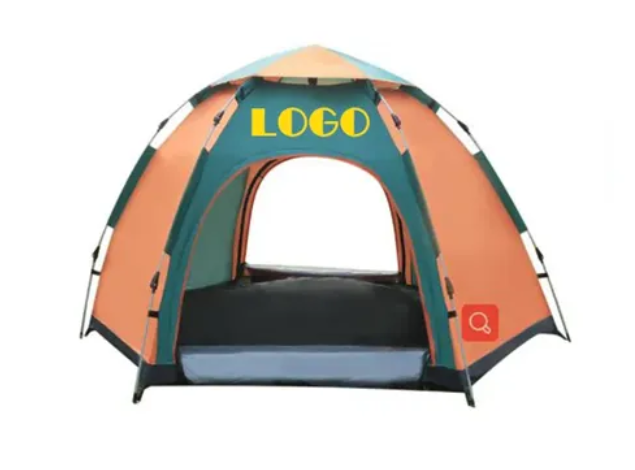 Orange and green camping tent with the word