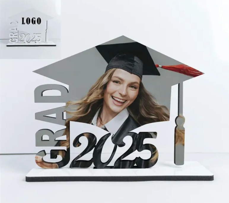 Graduation photo frame with a smiling woman wearing a cap and gown,