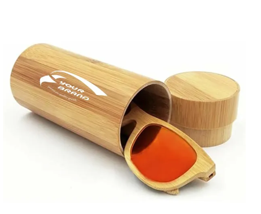 Sunglasses with orange lenses in a bamboo case, case open.