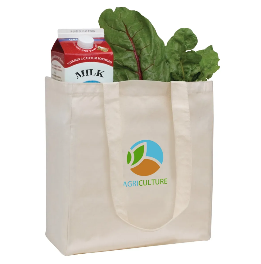 Beige tote bag with milk and greens, logo reads “AGRICULTURE”.