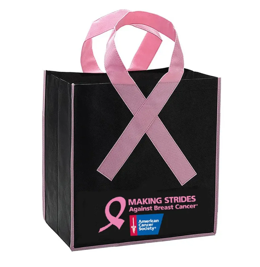 Black tote bag with pink ribbon and