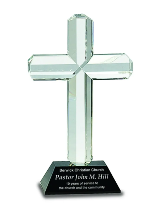 Crystal cross trophy on black base, engraved: