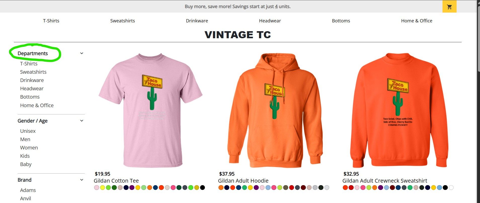 Website showcasing pink t-shirt, orange hoodie and sweater with cactus design.