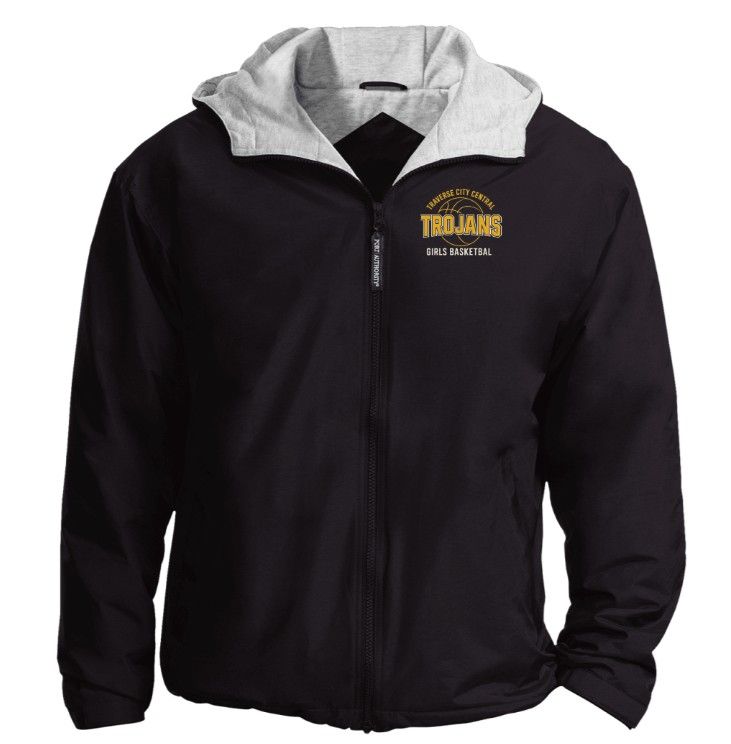 Black jacket with gray hood;