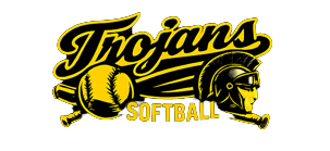 Trojans softball team logo with yellow script, softball, and Trojan helmet on black