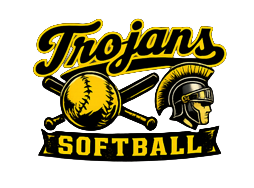 Trojans Softball logo with yellow softball, crossed bats, and a Trojan helmet in black and gold