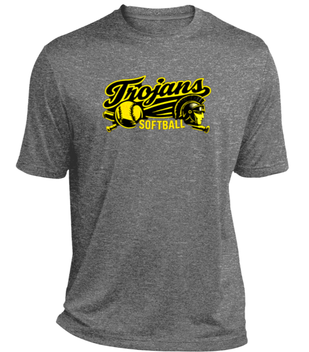 A grey heather t-shirt featuring a yellow and black