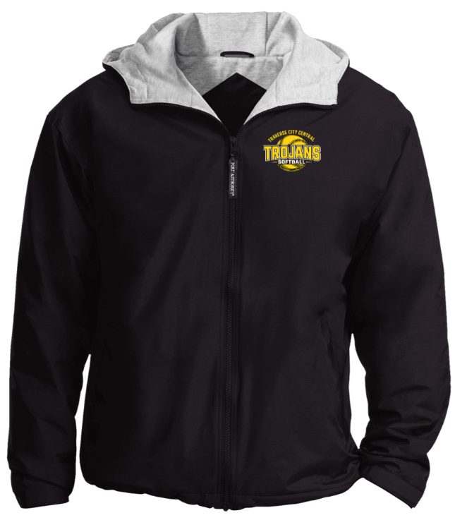 A black zip-up windbreaker jacket with a grey hood and a yellow and black Trojans logo on the left chest.