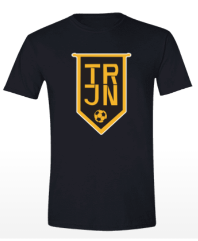 Black T-shirt with gold TRJN shield logo and small soccer ball on the chest