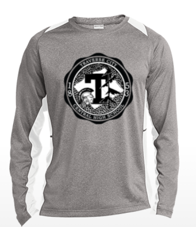 Gray long-sleeve shirt with white side panels and a black circular graphic on the chest