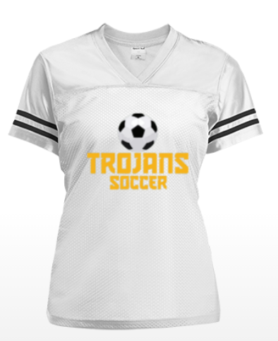 White women's soccer jersey with black sleeve stripes and