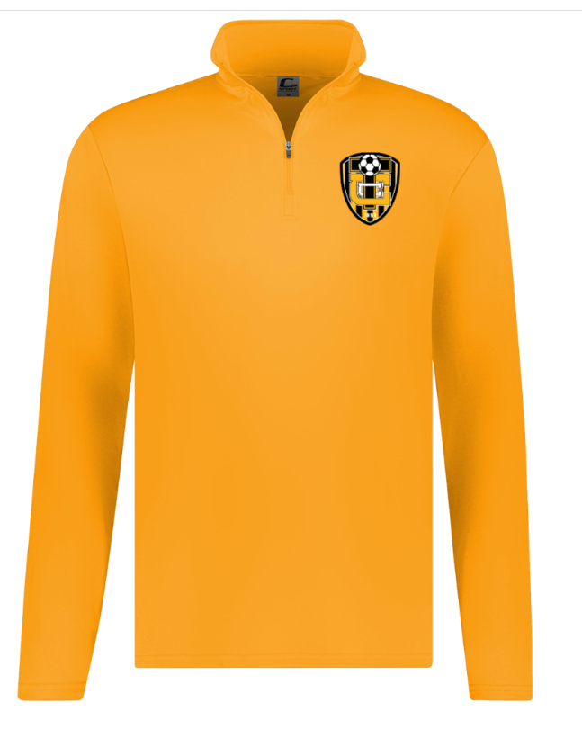 Gold long-sleeve zip-neck pullover with a black-and-gold crest on the chest.
