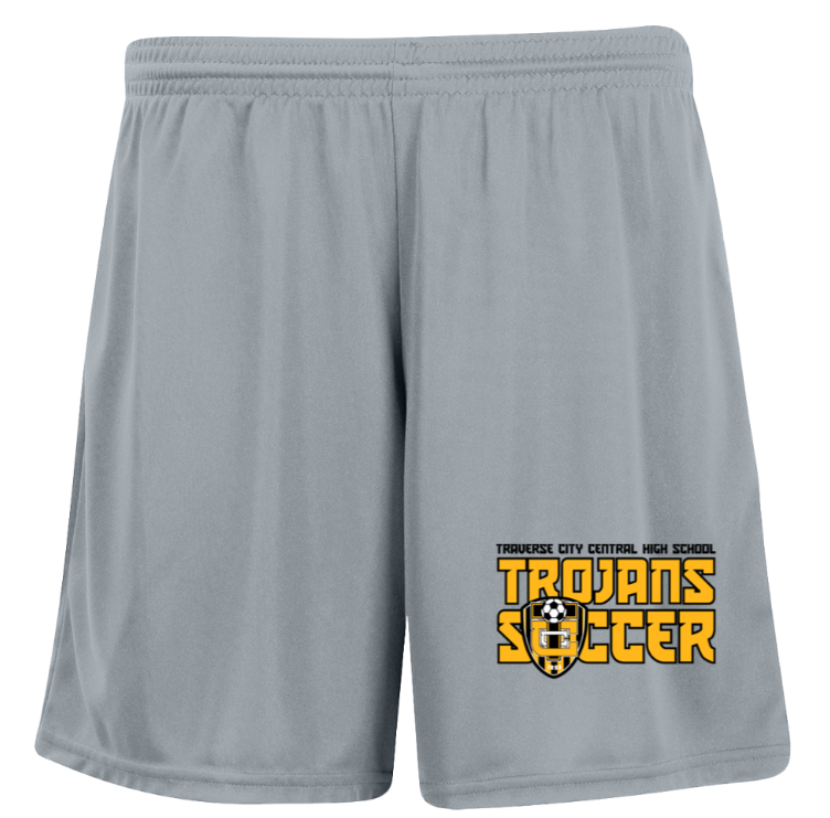 Gray athletic shorts with a yellow and black “Trojans Soccer” logo on the leg