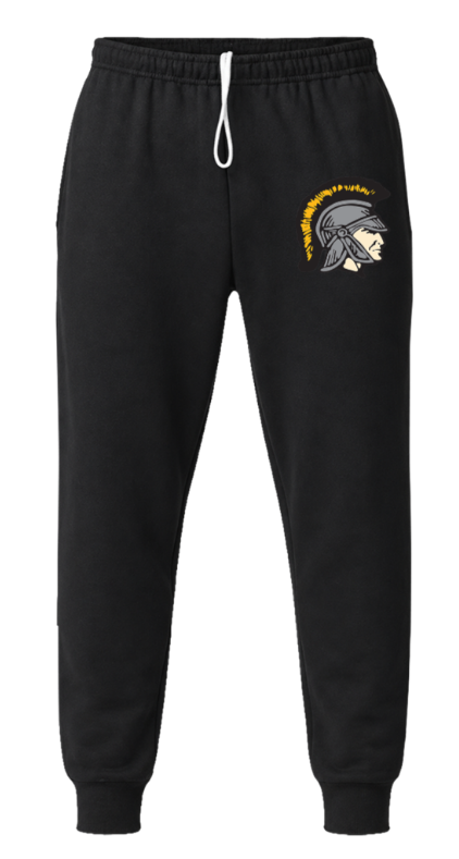 Black jogger sweatpants with white drawstring and a Spartan helmet logo on the left thigh