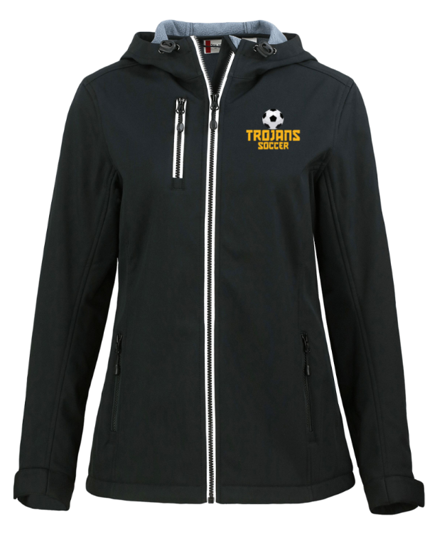 Black hooded jacket with front zipper and logo on the chest