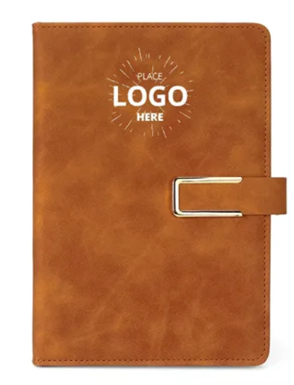 Leather journals in various colors with a silver clasp and logo placeholder.