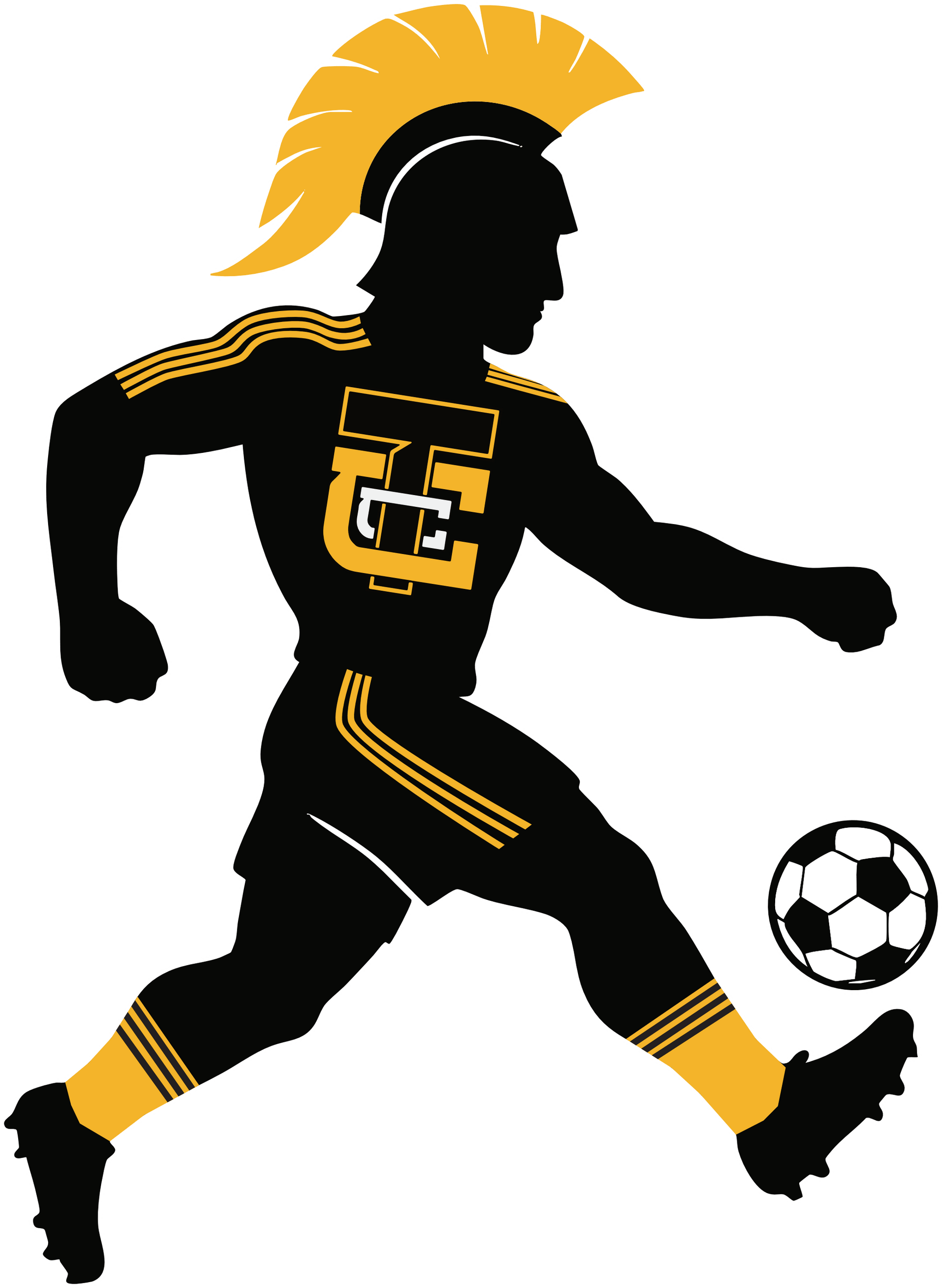 Black silhouette of a soccer player in gold accents dribbling a ball, with a gold helmet crest and TC on jersey.