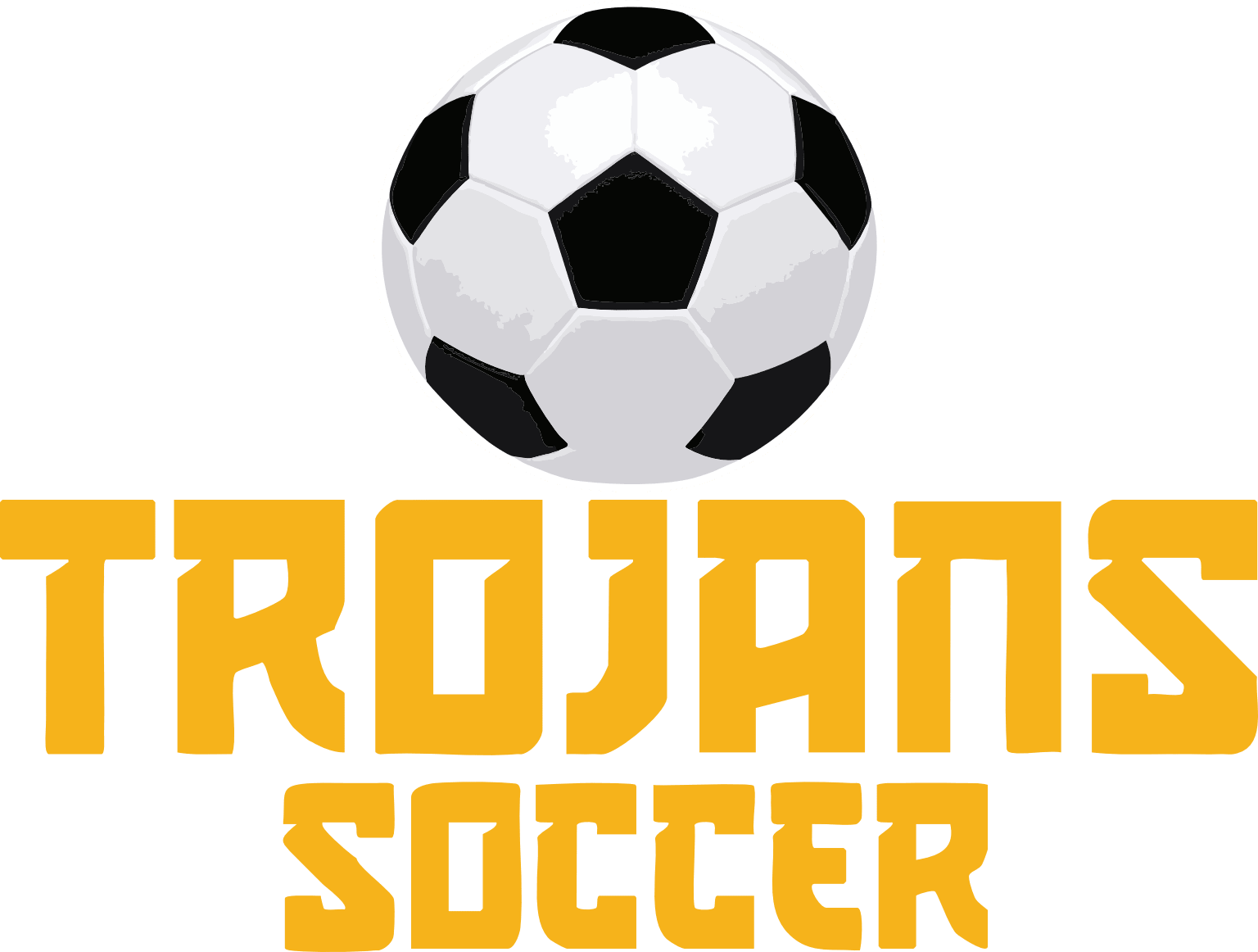 Soccer ball above gold “Trojans Soccer” text on a white background