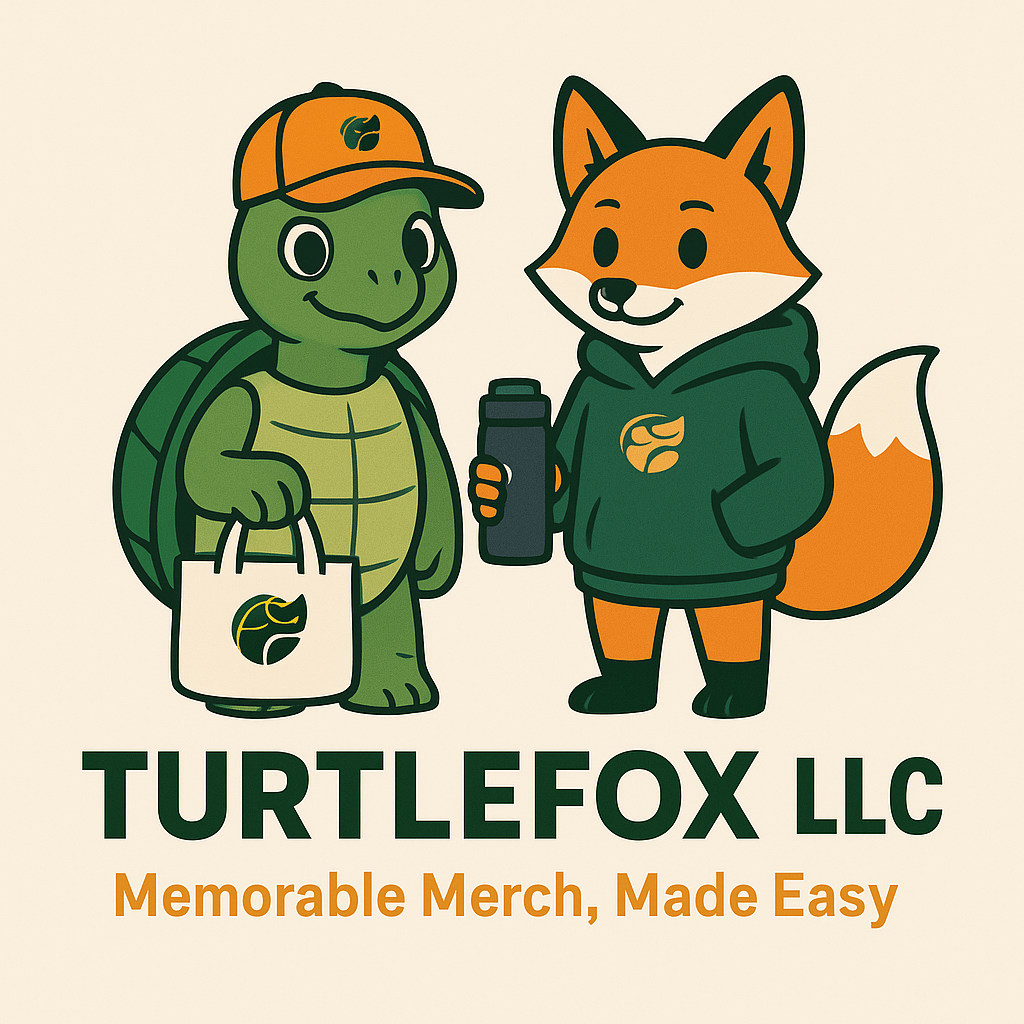 Turtle and fox wearing merchandise; holding shopping bag, and a bottle. Text reads