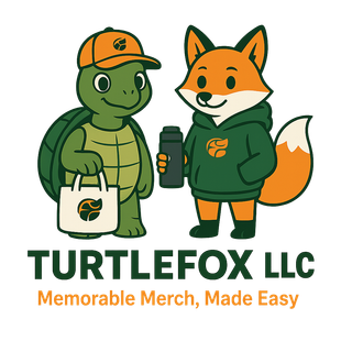 Cartoon turtle and fox with logo, text: Turtlefox LLC, Memorable Merch, Made Easy.