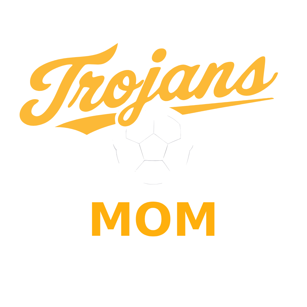 Orange “Trojans” text above a faint volleyball outline and the word “MOM” below